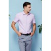 拉雅-紫粉色暗条纹高支纱CVC小方领短袖衬衫定制-男装定做