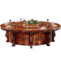 联肯家具橡胶木家具中式餐桌圆形转盘大饭桌 全实木雕花餐桌
