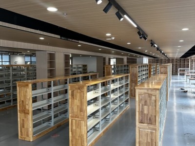 顺德双柱图书设备书架橡木仿古双面钢木书架厂家供货
